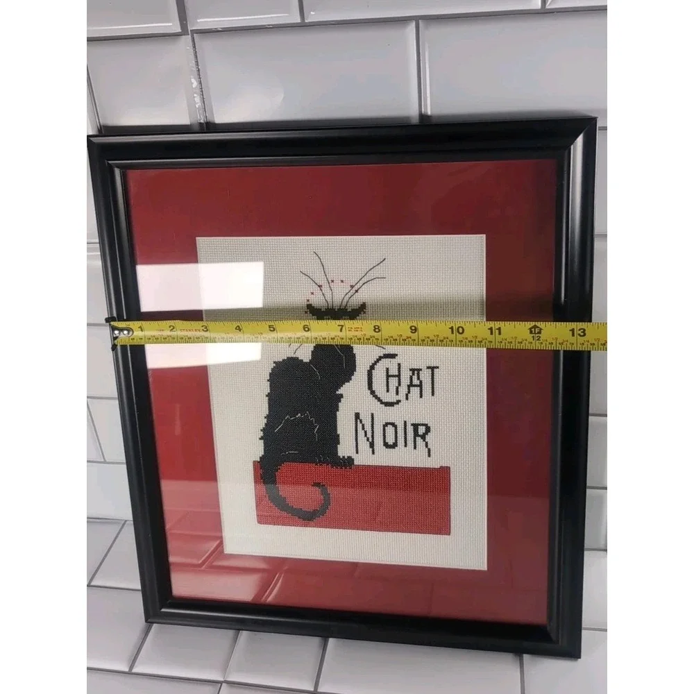Mod Vintage Le Chat Noir Black Cat Framed/Matted Needlepoint Wall Art Handmade